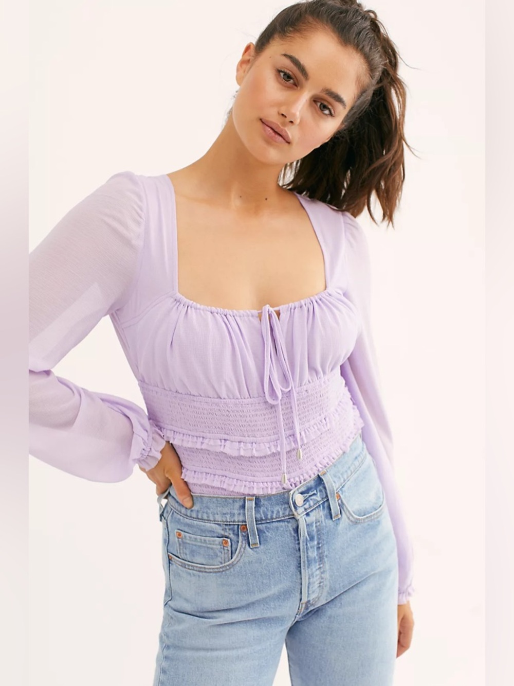 Free People Lolita Top Lavender Sz Medium Boho Sheer Smocked Festival Feminine